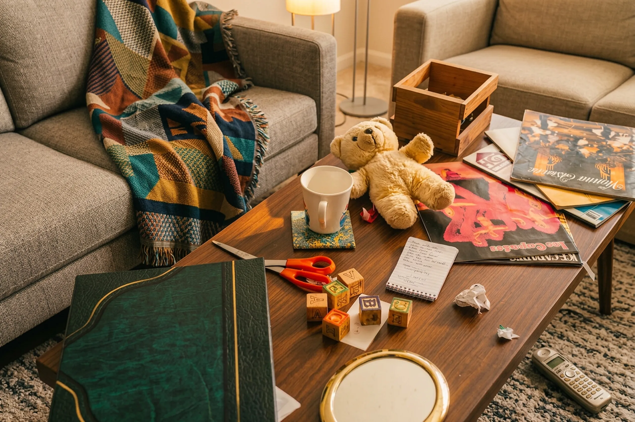 A cluttered coffee table — the kind of overwhelm we help with